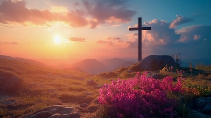 Cross on the hill with pink flowers at sunset. Cross on the hill. Generative AI.