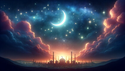 Wall Mural - enchanting ramadan crescent under the mesmerizing night sky,silhouetted mosque and mesmerizing night