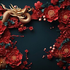 Poster - Dark card with cherry blossoms and a golden dragon. Banner with space for your own content. Blank space for the inscription. Chinese New Year celebrations.