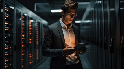 Poster - A male engineer, an IT specialist, programs cybersecurity code in a dark siren room. Digital programs, information technology backup data protection concepts.