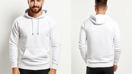 Wall Mural - White hoodie mockup template for design, front view of man in long sleeve sweatshirt on white wall