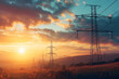 Sunset behind electricity pylons in a vivid sky