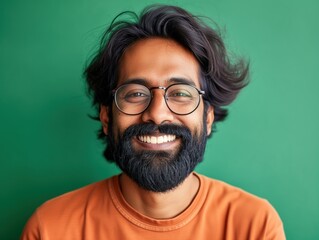 Wall Mural - Joyful Indian Bearded Man in Glasses Over Green Background. Generative AI.