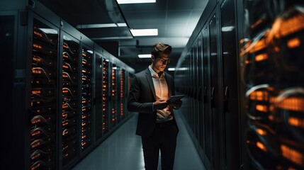 Poster - An IT engineer fixes technical problems in the server room with a tablet in his hands. Modern technologies, artificial intelligence concepts.