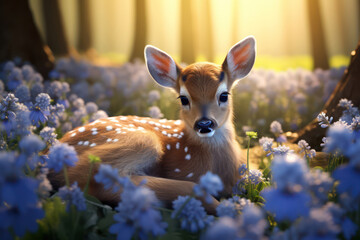 Wildlife Serenity: Young Cute Deer Standing in Grass, Embracing Nature's Beauty