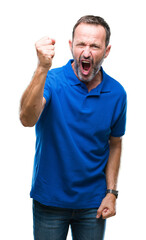 Sticker - Middle age hoary senior man over isolated background angry and mad raising fist frustrated and furious while shouting with anger. Rage and aggressive concept.