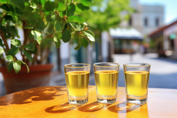 Lemon liquor in small glasses with on the street cafe table outdoors