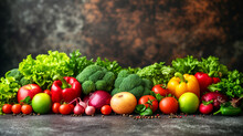 Various Fresh Vegetables, Including Broccoli, Lettuce, Peppers, And Tomatoes, Are Displayed Against A Dark, Textured Background, Copyspace 