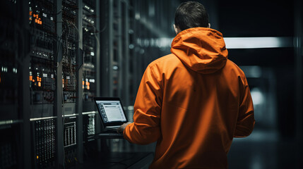 Poster - A rear view of an IT engineer, programmer, hacker wearing an orange jacket, working with a tablet in the server room of a high-tech company.