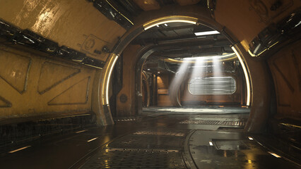 Wall Mural - Sci-Fi underground tunnel in a dystopian post apocalypse environment. 3D rendering.