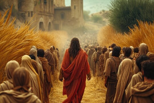 Jesus Christ travels around Jerusalem with his followers, preaching to a crowd of followers