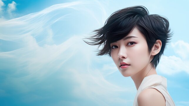 Beautiful woman has short haircut style, modern hair styles with space for text ads