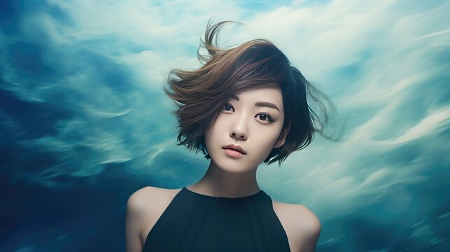 Beautiful woman has short haircut style, modern hair styles with space for text ads