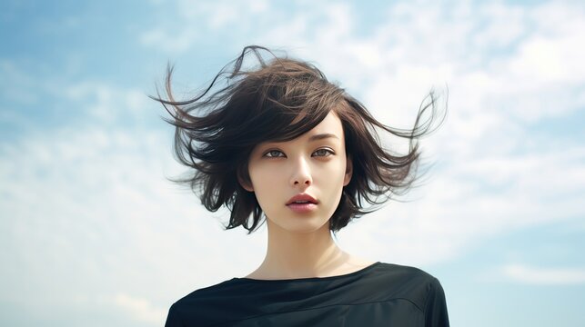 Beautiful woman has short haircut style, modern hair styles with space for text ads