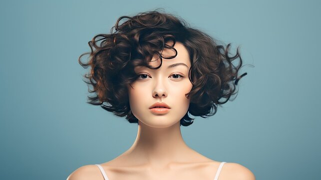 Beautiful woman has short haircut style, modern hair styles with space for text ads