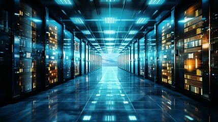 Poster - A data center with several rows of workable server racks. Modern telecommunications, artificial intelligence, supercomputer technology concepts.