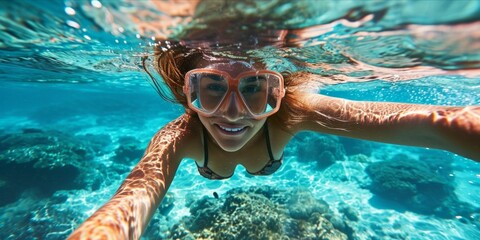 Wall Mural - closeup Woman with mask dive in tropical blue sea.