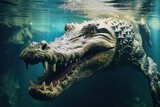 Fototapeta  - Closeup of saltwater American crocodile underwater.