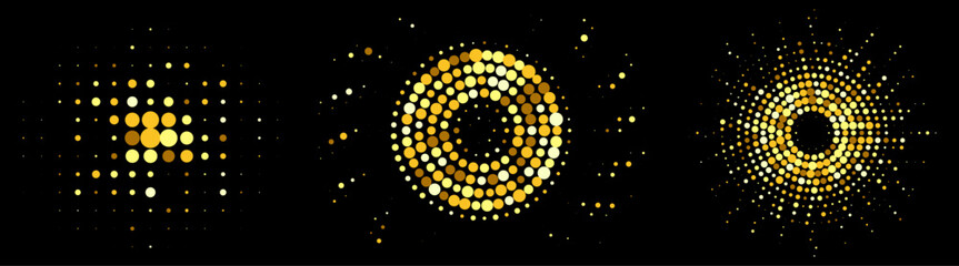 set of Abstract Golden Glittering Halftone Frame. Festive Round Frame. Luxurious Glowing Dots Circle for a Disco.