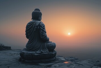 Wall Mural - back view of a statue of buddha facing at sunset