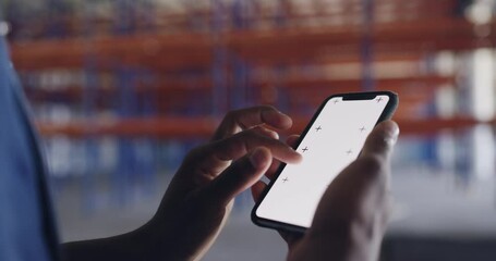 Poster - Phone screen, mockup and hands of man in warehouse for architecture, engineering or communication. Factory, social media or mobile app with closeup of contractor for chroma key, networking or message