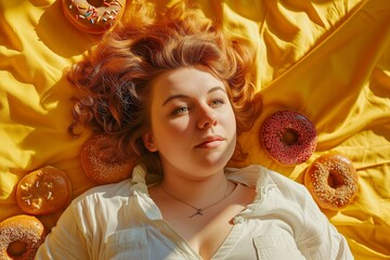 Very fat girl lying in donuts portrait on yellow background.