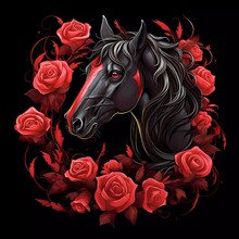 Illustration Of A Horse With Red Roses On A Black Background. Generative Ai