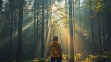 Woman Facing Away, Standing In A Dense Forest With Sunlight Filtering Through The Tall Trees Generative Ai