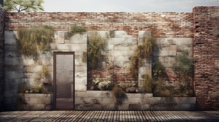 Wall Mural - View of worn brick wall covered in moss, old house building. Industrial style rendering hosue design.