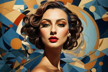 Beautiful Woman Portrait In Abstract Geometric Futuristic Background In Beige, Dark Blue Colors. 3d Art.  Poster