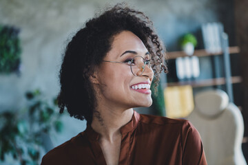 Poster - Photo of cheerful stunning intelligent person beaming smile look interested away contemplate business center office inside