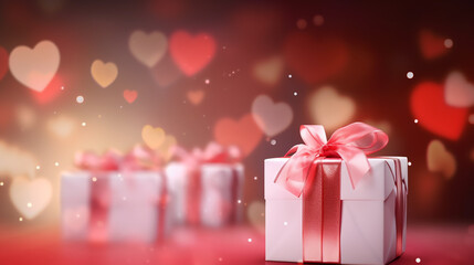 Wall Mural - Pink gift box with red hearts and pink bow on the background of bokeh effect.