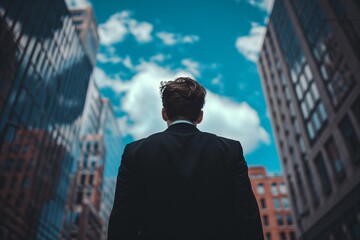 A portrait man with black suit behind looking for town and sky clouds on building top views