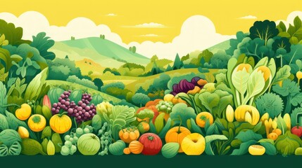 Illustration of agricultural products hervest of vegetables and fruits from a green organic farming field.