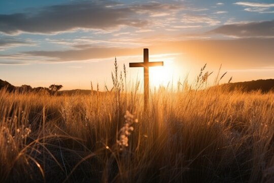 silhouette jesus christ crucifix on cross on calvary sunset background concept for good friday he is