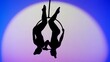 © kinomaster - Two female gymnasts isolated on blue neon studio background with spotlight. Girls aerial dancers silhouettes on ring with straps.