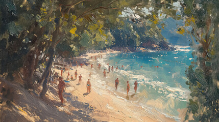 Canvas Print - Vintage painting of a lively beach scene framed by dappled shade of trees, with people enjoying the sun and sea in a secluded cove.