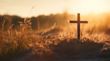 Silhouette jesus christ crucifix on cross on calvary sunset background concept for good friday he is risen in easter day, good friday jesus death on crucifix, world christian and holy spirit religious