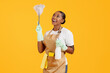 © Prostock-studio - Happy african american woman cleaner dusting using feather duster, studio