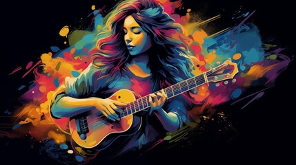 Wall Mural - Abstract and colorful illustration of a woman playing ukulele on a black background