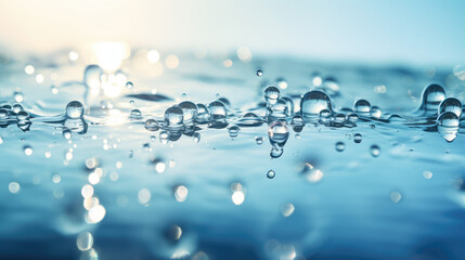 close-up of the surface of clear crystal water with drops and splashes. blue artesian water, benefit