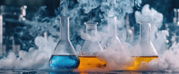 glass test tube with a smoking liquid. vaporizing blue liquids in a chemistry lab. developing a new 