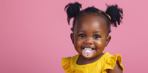 Smiling baby african girl with pacifier portrait on flat pink background with copy space. Banner template with infant child smile.