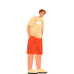 Standing man vector illustration. Isolated male character in home or house clothing. Character stand in casual apparel or attire. Flat boy clipart image. Person posing. Adult people, human theme