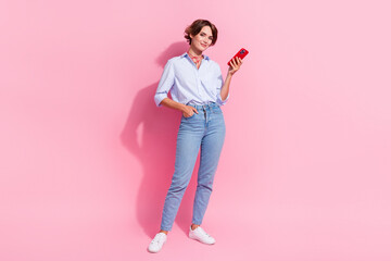 Canvas Print - Full body photo of gorgeous nice lady hold smart phone chatting write blog post isolated on pink color background