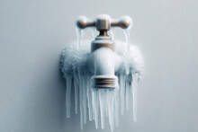 A Frozen Water Pipe Water Tap On White Wall On Solid White Background Covered With Ice. Ai Generative
