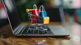 Fototapeta Tęcza - Generative AI, shopping cart with shopping bags standing on laptop keyboard, shop online, free delivery, discounts and sale concept.	

