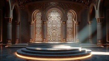 Wall Mural - 3D rendering of a beautiful illuminated marble stage in a mosque.