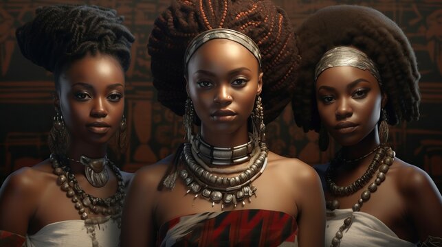 three african women in traditional clothes with jewelry