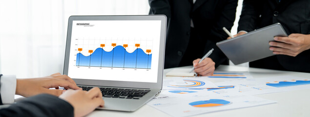 Poster - Business data dashboard analysis by computer software . Investment application display business sales and profit on the computer screen and advise marketing planning decision oratory .